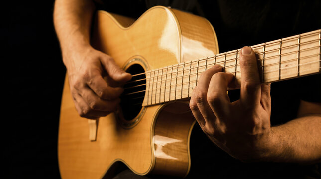Musician hands play acoustic guitar against dark background, pressing frets on wooden fretboard with focused skill while strumming resonant body strings under warm studio illumination.