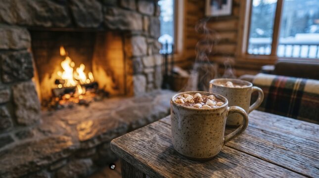 Steaming hot chocolate fills ceramic mugs placed on weathered wooden table near burning fireplace. Sweet marshmallows float inside warm drinks while glowing hearth adds peaceful winter comfort.