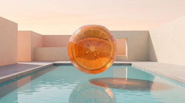 Surreal Glass Orange Floating Above a Turquoise Pool.
Translucent glass orange floating above a turquoise pool in a surreal minimalist setting.