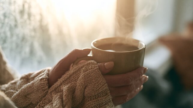 Cozy winter morning with a warm cup of coffee by the window