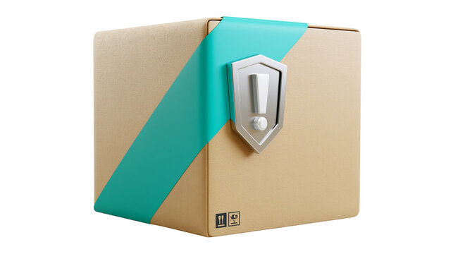 Cardboard box with teal diagonal ribbon and silver shield exclamation mark icon