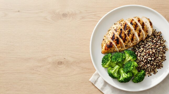 Grilled chicken breast with steamed broccoli and quinoa on white plate
