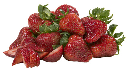 Fresh ripe red strawberries with green leaves and sliced pieces in a pile © Fionnan