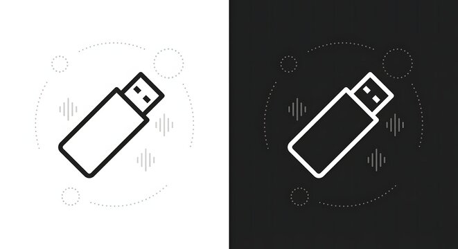 Minimalist USB flash drive vector icon illustration on black and white background for digital data storage