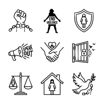 Domestic abuse awareness and women rights protection symbol graphic illustration collection