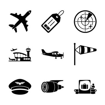 Set of aviation symbols and airport services graphic icons for travel and flight themes