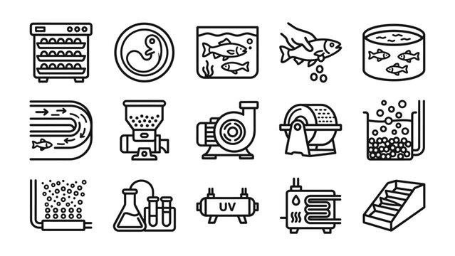 Aquaculture Equipment Icons: A collection of line art icons representing various tools and equipment used in aquaculture, including tanks, pumps, filters, and breeding systems.