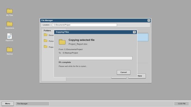 Retro computer interface showing file copy progress and success