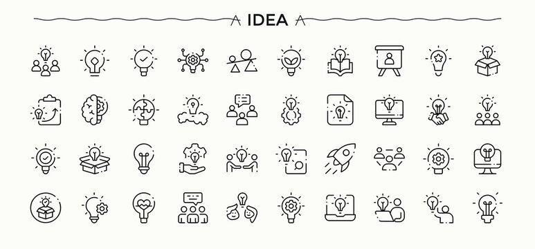 Idea related icon set. Bulb line icon set. Minimal linear icons. It contains symbols to innovation, thinking, light, ai, bulb, creativity, knowledge and more. Editable stroke.