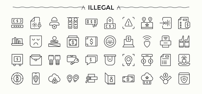 Illegal icon set. Collection of simple line web icons. Law icon pack. Contain linear symbols corruption, legal, law, corrupt, criminal and more.