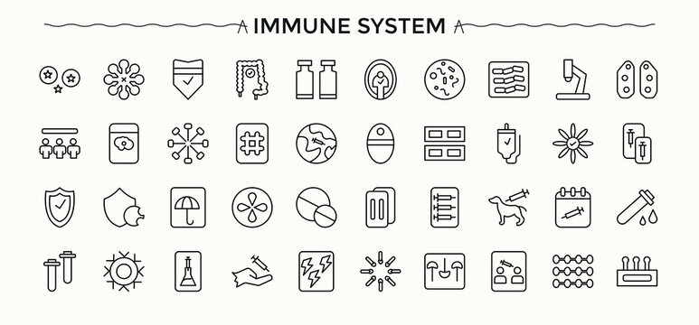 Immunity linear icon collection. Thin line icons set. Vector illustration. Vaccine icon. Contains related to health, care, defense, immunization, vaccination, medical, immune and more.