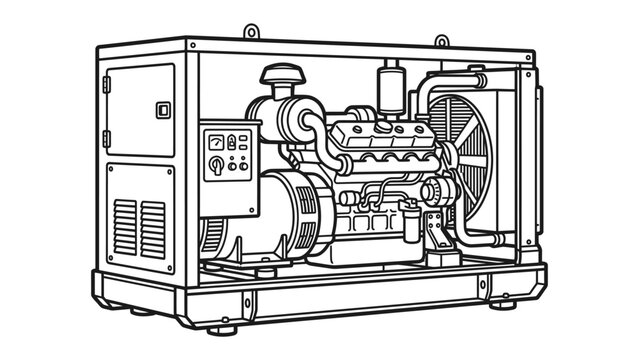 Generator Blueprint: A detailed line drawing illustrating the inner workings of a portable generator, showcasing its engine, cooling system, and control panel in a technical, schematic view.