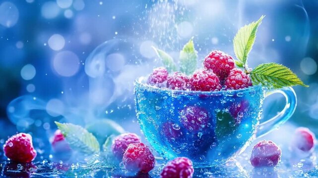 Fresh red raspberries in glass cup filled with water bubbles and frosty ice, surrounded by floating water drops, on wet reflective surface with blurred light bokeh spots in background
