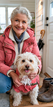 Senior woman with small dog wearing warm jacket at home entrance, happy pet owner preparing for winter walk and outdoor activity