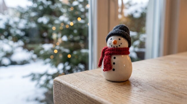 Small Decorative Snowman Figurine on Wooden Table for Christmas Holiday Season