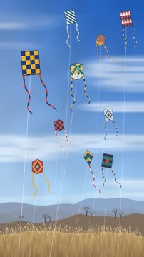 Traditional Japanese kites with geometric patterns flying in a clear winter sky above dry grass hills, tails fluttering in the wind, New Year seamless loop in deep blue tones vertical 9:16