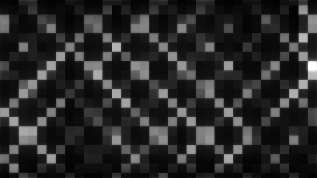 Modern black and white glowing square pixel matrix grid pattern and flashing LED light wall background loop, futuristic digital technology backdrop, digital display visual effect on black screen. 4k