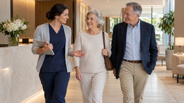 Female nurse walking and talking with senior couple in luxury clinic