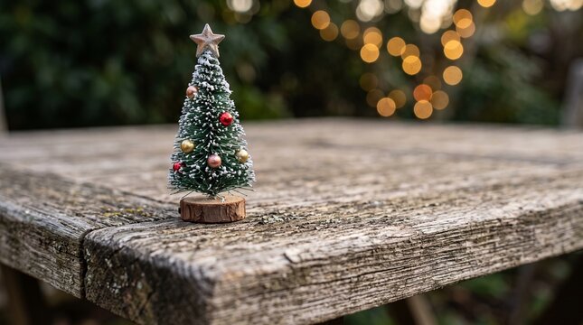 Small Decorative Christmas Tree Ornament Sitting on a Weathered Outdoor Wooden Table