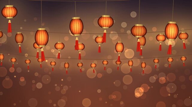 Rows of glowing red Chinese paper lanterns with gold caps and swaying tassels hanging against a festive night sky with warm bokeh, seamless loop in rich red tones