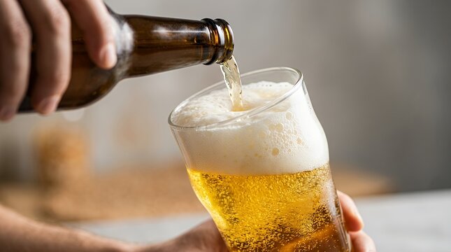 Refreshing golden craft lager pouring smoothly from glass bottle into clear tilted pint chalice with rich thick frothy white foam bubbles over minimal studio backdrop for brewery marketing concept