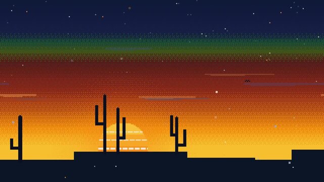 Seamless looping retro pixel art desert at sunset. A T-rex silhouette walks across the scene, leaps in a smooth parabolic jump and breathes a stream o.