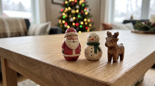 Festive Christmas Wooden Figurines of Santa Claus Snowman and Reindeer on Table