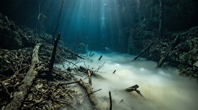 Sunlight Beams into Underwater Cavern with Milky Hydrogen Sulfide River

