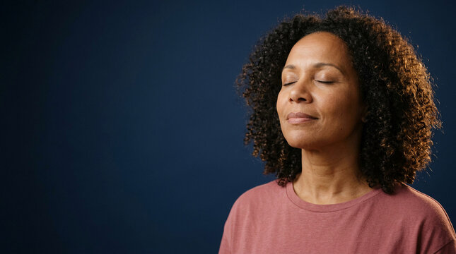 Serene woman embracing inner peace and mindfulness, finding calm through meditation for positive mental health and emotional well-being