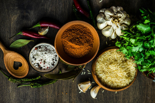 Georgian spices and ingredients including rice, garlic, chili peppers