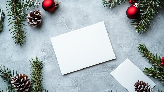 Blank white paper card template surrounded by festive winter decorations and frosted pine branches on a grey background