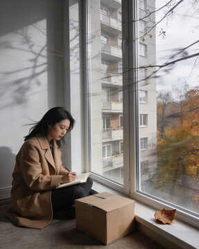 An Asian girl journaling by the window beside a cardboard box, portraying the reflective bond between human and autumn season during a move.