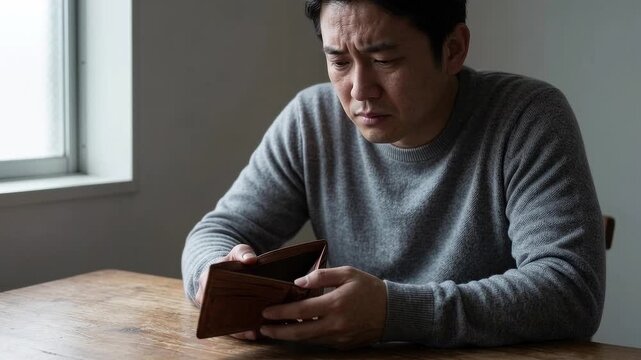 Stressed Asian man holding open empty leather wallet on table