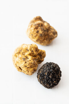 Two truffles featuring white and black varieties on white background