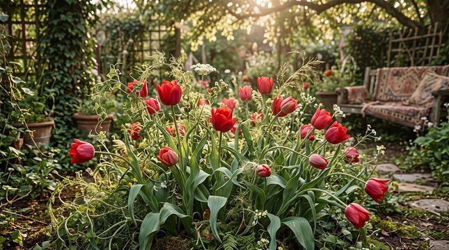 Red tulips blooming amidst lush green foliage in garden with wooden