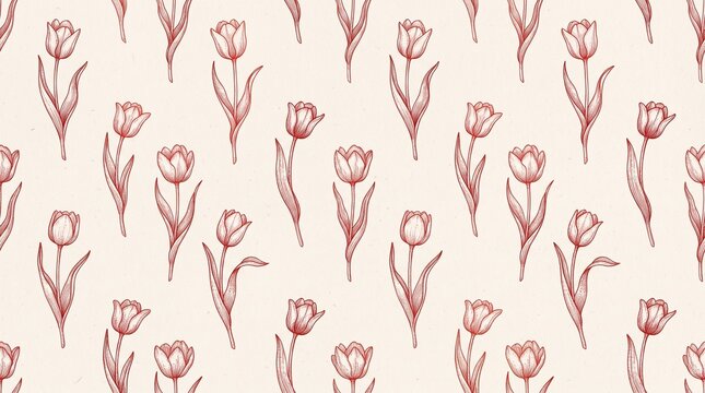 Red tulip line art pattern repeating floral design background