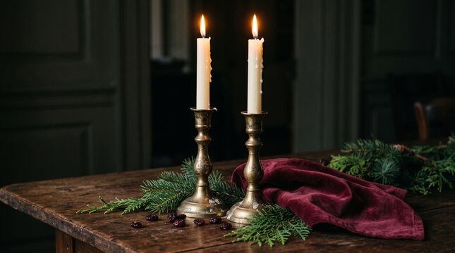 Brass candlesticks with burning candles on rustic wooden table and greenery  