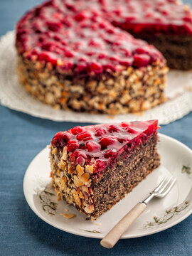 Poppy seed Poppyseed cake slice with raspberry jelly and chopped nuts