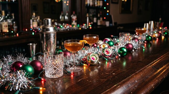 Festive holiday cocktails and decorations on a wooden bar counter in a pub  