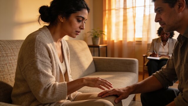 Reaching woman in knit cardigan on sofa reaching toward man's hand in therapy, notebook, copy space