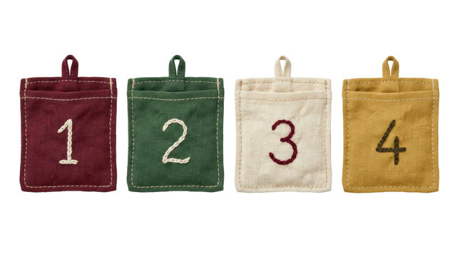 Four numbered fabric pouches displaying sequential numbers one through four, crafted from colorful textiles with embroidered details, perfect for a festive countdown.