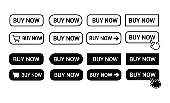 Set of buy now call to action buttons with shopping cart and arrow icons for website interface design