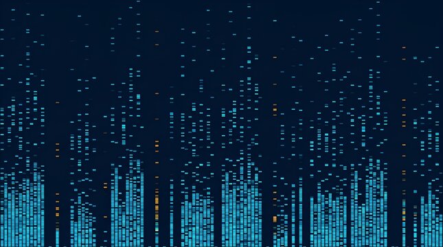 Digital data visualization with teal and orange vertical pixel streams on dark blue background.