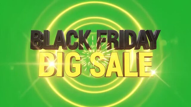 3D animated text effect of the words black friday and big sale on a solid, vibrant green screen background
