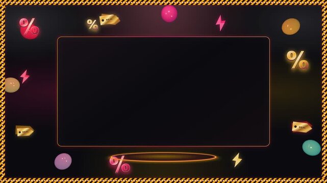 A seamless 4K 60fps commercial motion background for retail sale promotions, featuring a dark obsidian stage, floating glossy discount elements, neon lighting, and open central copy space.