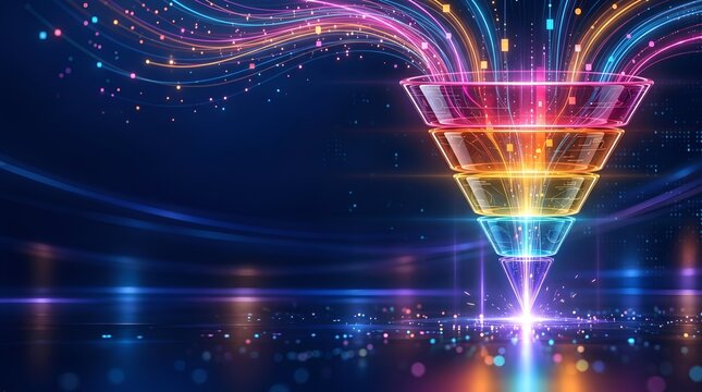 Glowing futuristic digital funnel filtering colorful data streams into a single point illustrating lead generation and data processing concepts.