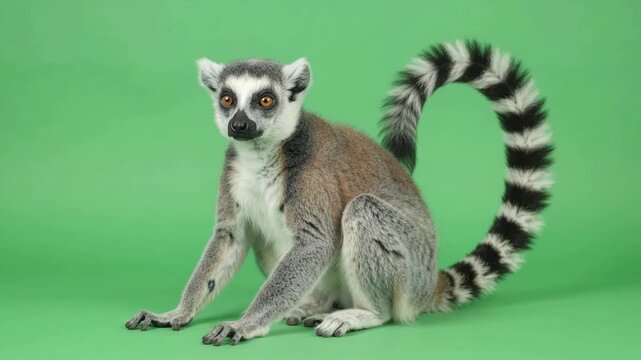 A ring-tailed lemur sits against a green screen and looks attentively around. The exotic animal showcases its long striped tail in a studio setting.