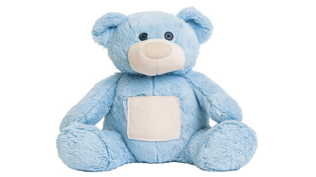 Light blue plush teddy bear with a cream colored belly patch and button eyes