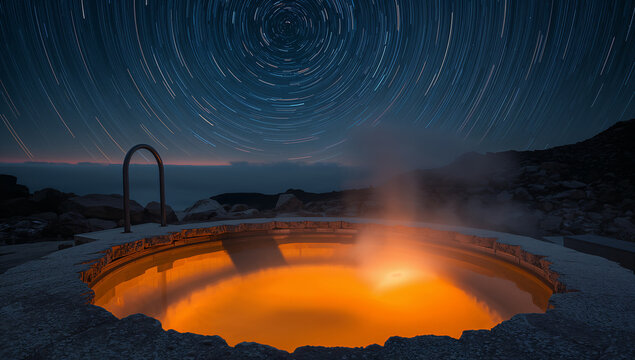 星空の下で橙色に照らされた岩の露天風呂