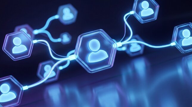 Glowing digital network nodes connected by vibrant blue glowing lines featuring futuristic hexagonal profile icons inside a dark cyber space
